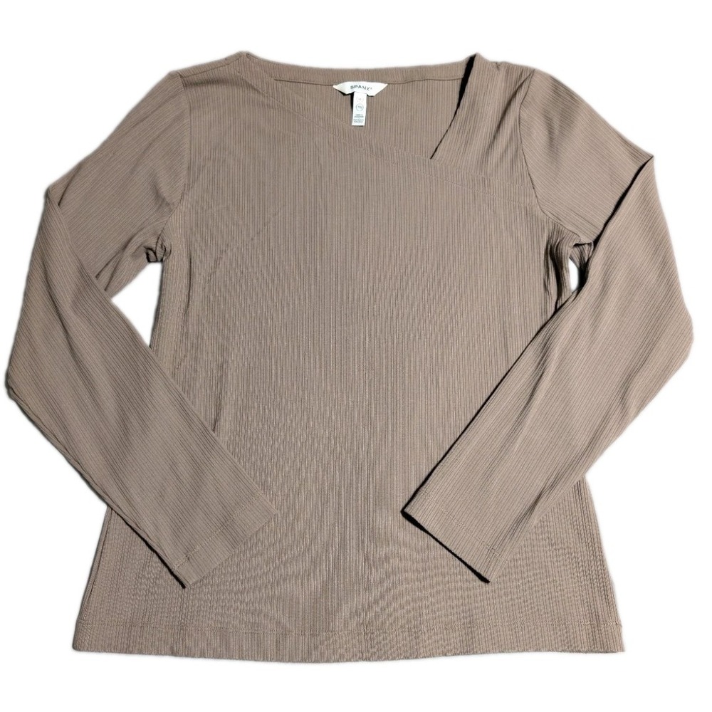 Spanx Womens XL Brown Ribbed Asymmetrical Neck Long Sleeve Stretch Top